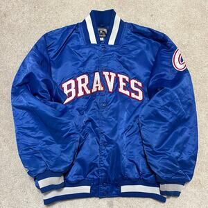 Vintage Atlanta Braves Majestic Cooperstown Satin Bomber Jacket Blue XL